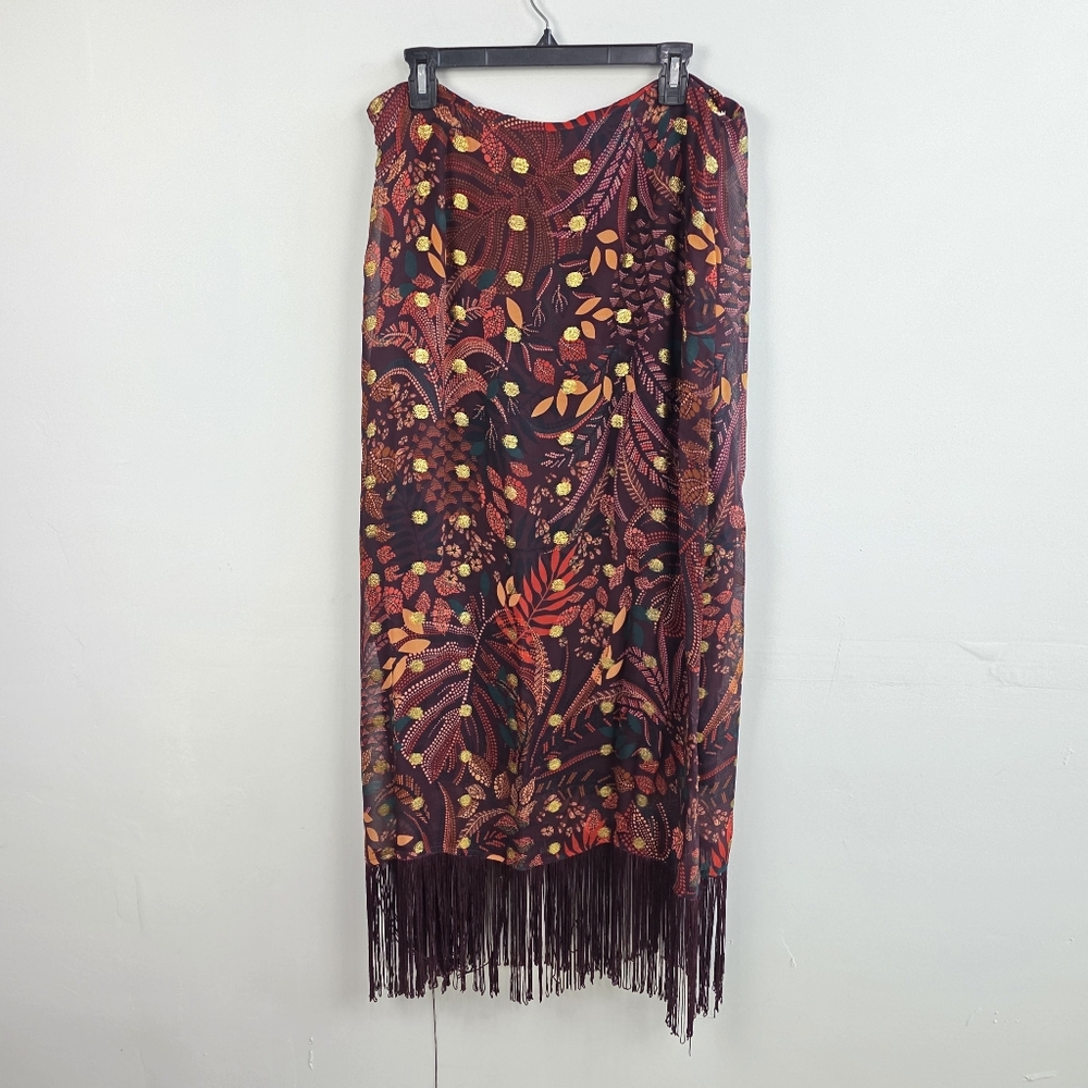 Fringe Hem Floral Pattern Midi Skirt - Brown - Picture 5 of 7